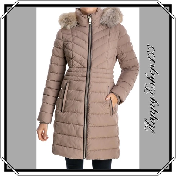 Michael Kors Women’s Faux Fur Trim Quilted Puffer Jacket, Taupe